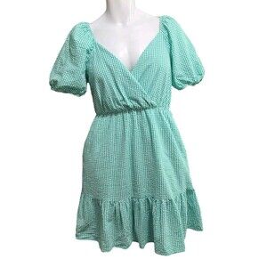 Draper James RSVP Dress Women's S Green Gingham Seersucker Pocket Puff Sleeve